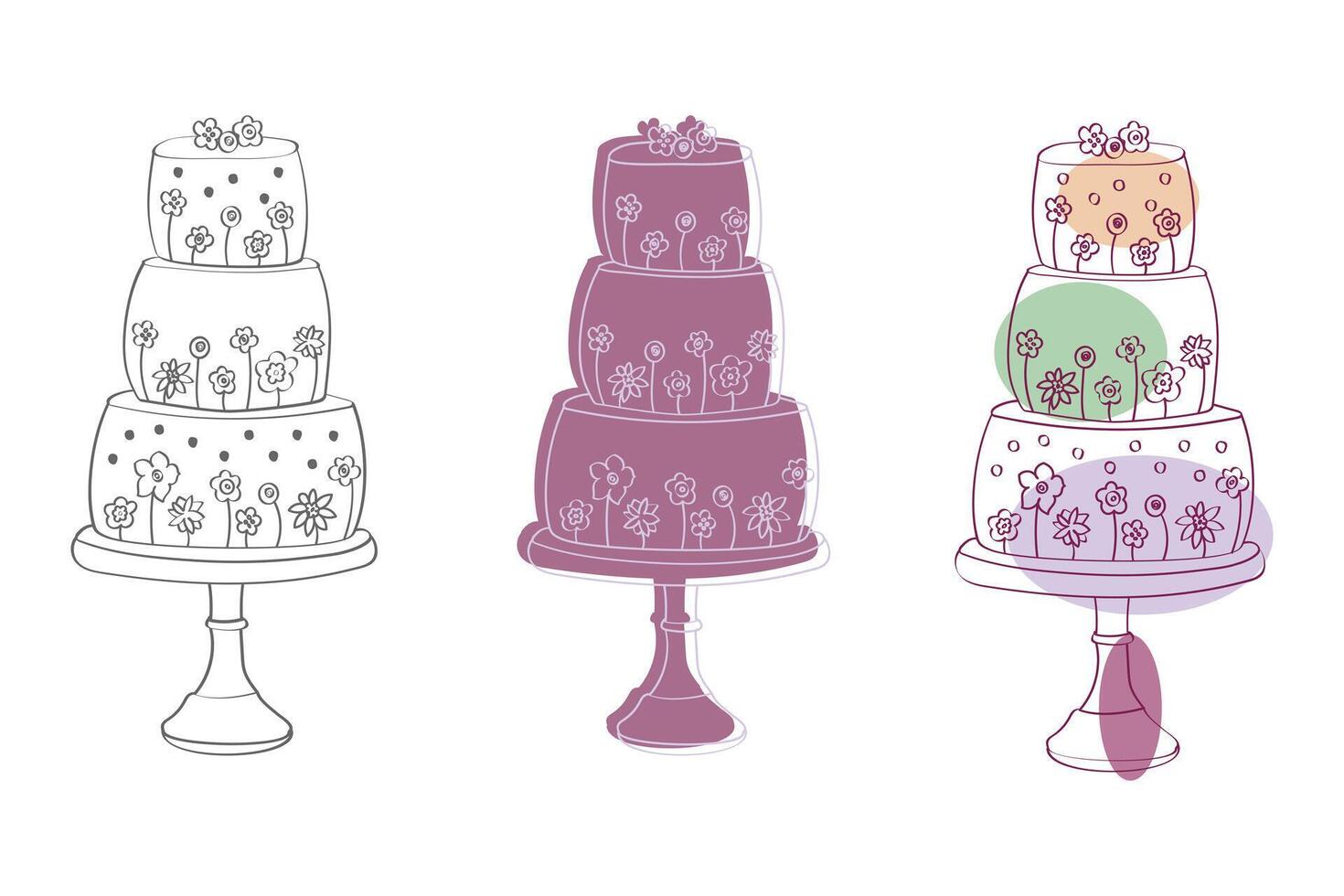 das Zeichnung zeigt ein detailliert dreistufig Kuchen mit kompliziert Dekorationen, einschließlich Glasur, Blumen, und zart Rohrleitungen. jeder Tier ist geschmückt mit anders Designs vektor