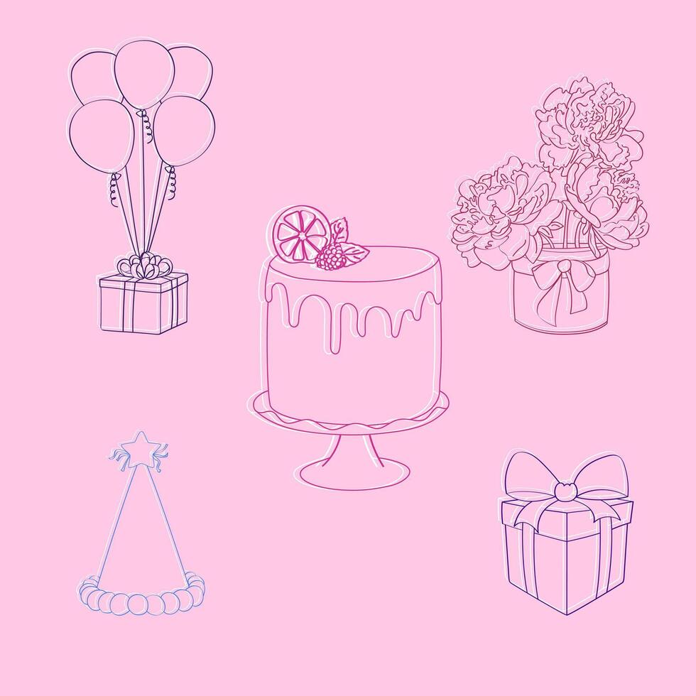 ein handgemalt Illustration mit ein bunt Geburtstag Kuchen mit Kerzen und ein Vielfalt von eingewickelt die Geschenke um es vektor