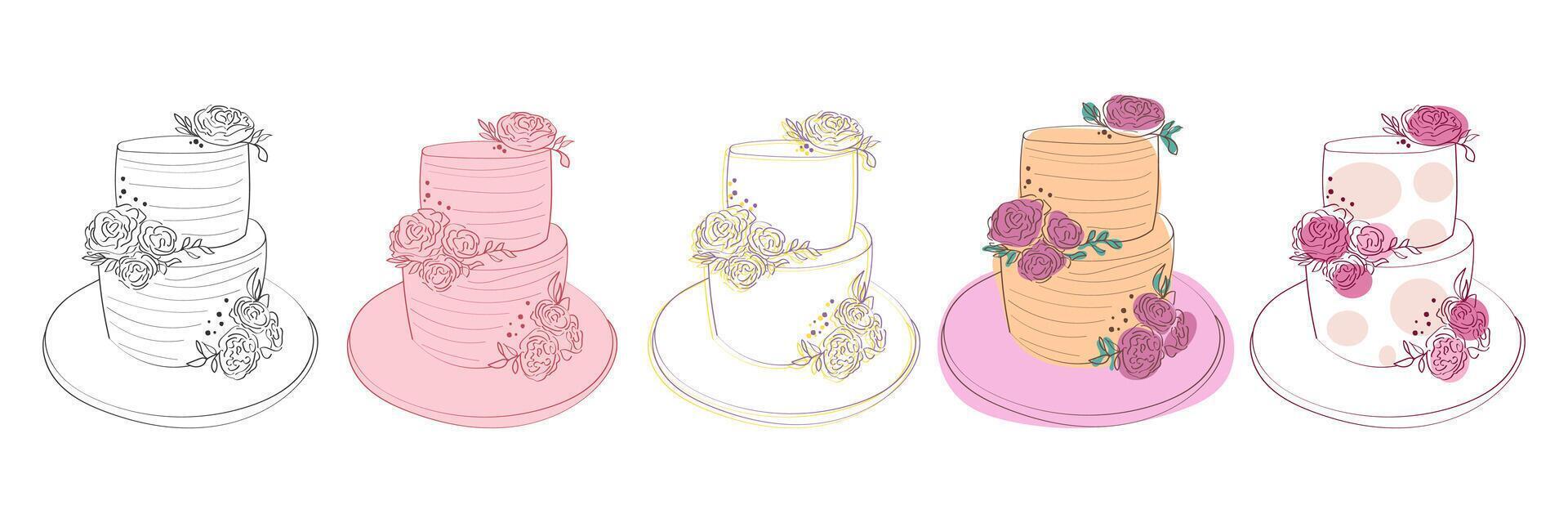 ein detailliert Zeichnung von ein Reihe von elegant Hochzeit Kuchen. jeder Kuchen ist schön dekoriert mit kompliziert Designs Blumen und Glasur vektor