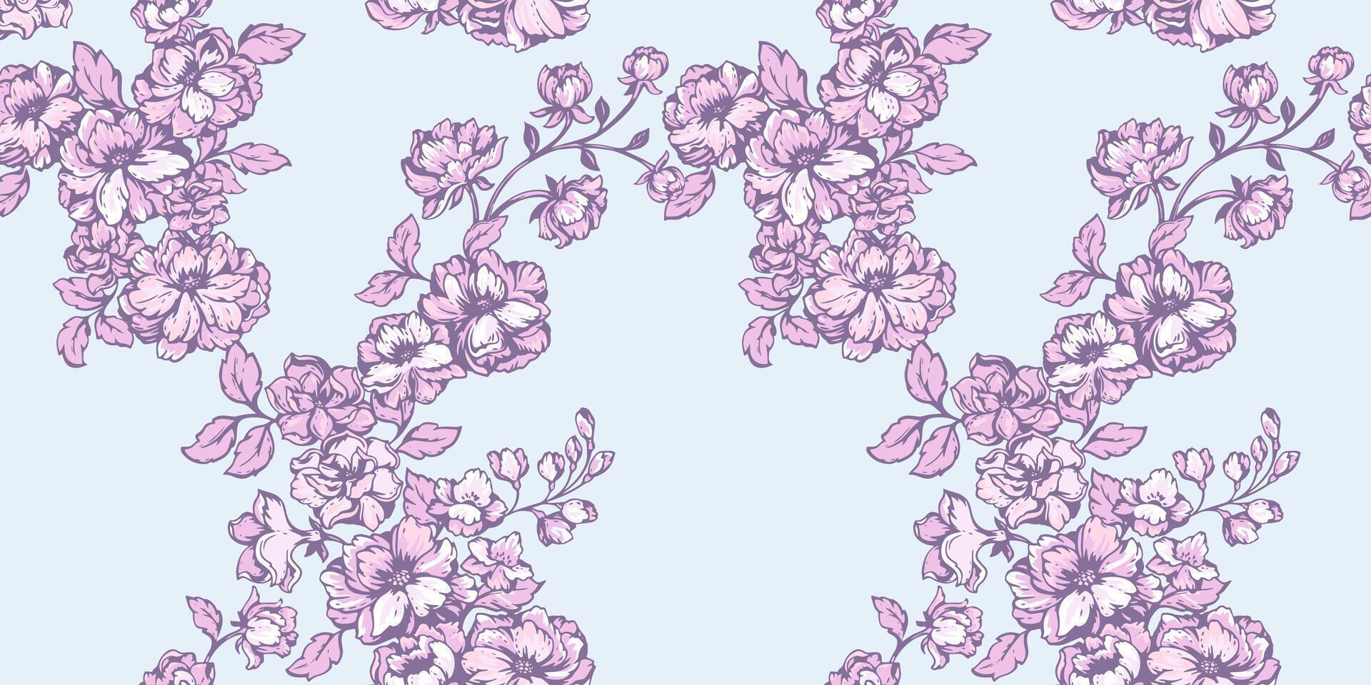 skön, blomning, försiktigt rosa stjälkar blommig sömlös mönster. abstrakt, stiliserade vild blommor grenar mönstrad på en pastell blå bakgrund. hand ritade. mall för design, utskrift, tyg vektor