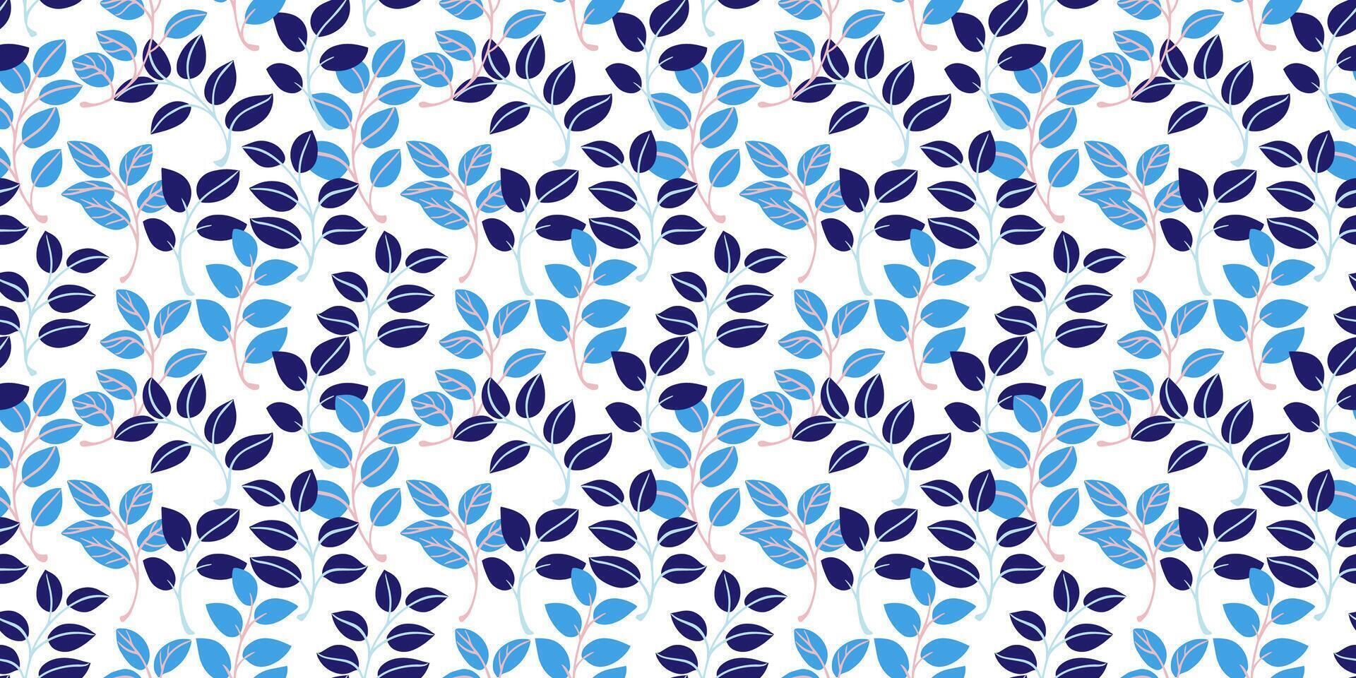 abstrakt söt mycket liten löv grenar sammanflätade in i en sömlös mönster. blå ljus kreativ blad stjälkar mönstrad på en vit bakgrund. hand teckning. collage för utskrift, design, tyg vektor