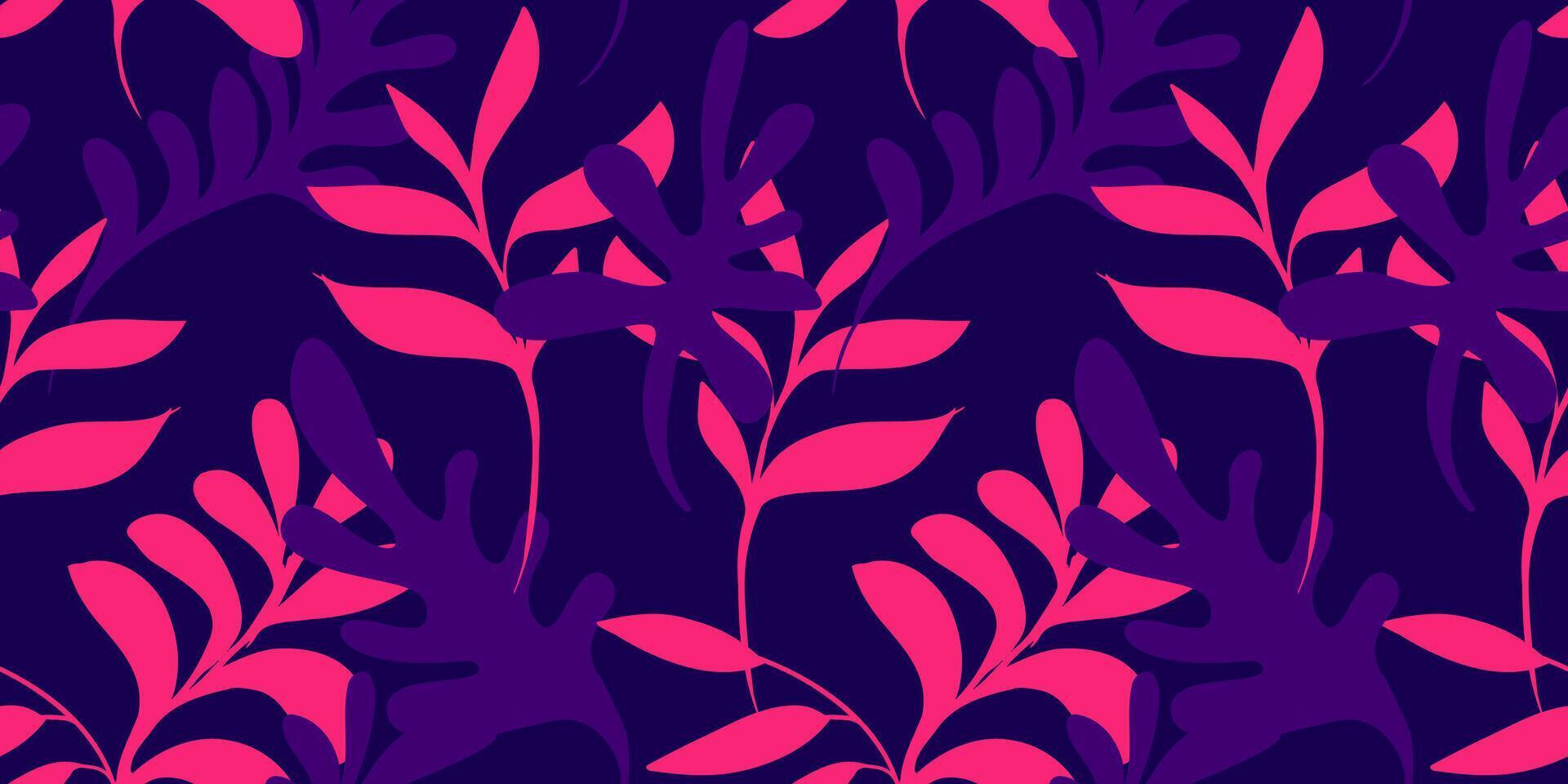 Hand gezeichnet abstrakt Formen Fett gedruckt Geäst Blätter nahtlos Muster auf ein violett Hintergrund. bunt einfach botanisch Motiv Drucken. Vorlage zum Entwürfe, Mode, Textilien, Stoff, Hintergrund vektor