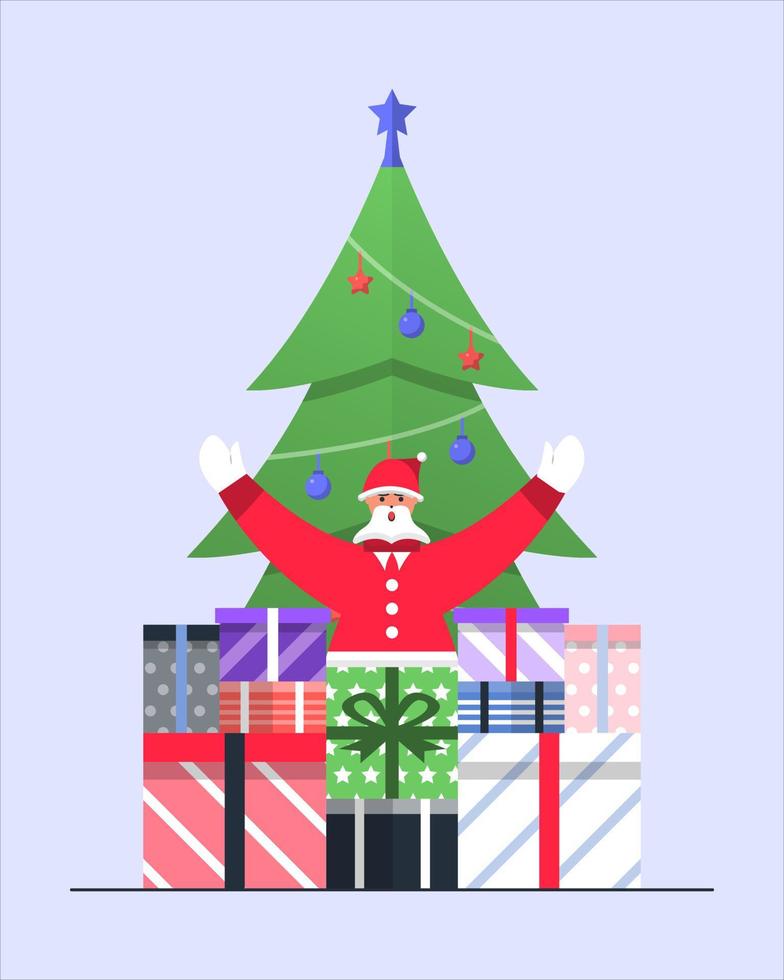 handgezeichnet von santa, der hinter weihnachtsboxen steht. Weihnachtskonzeptillustration vektor