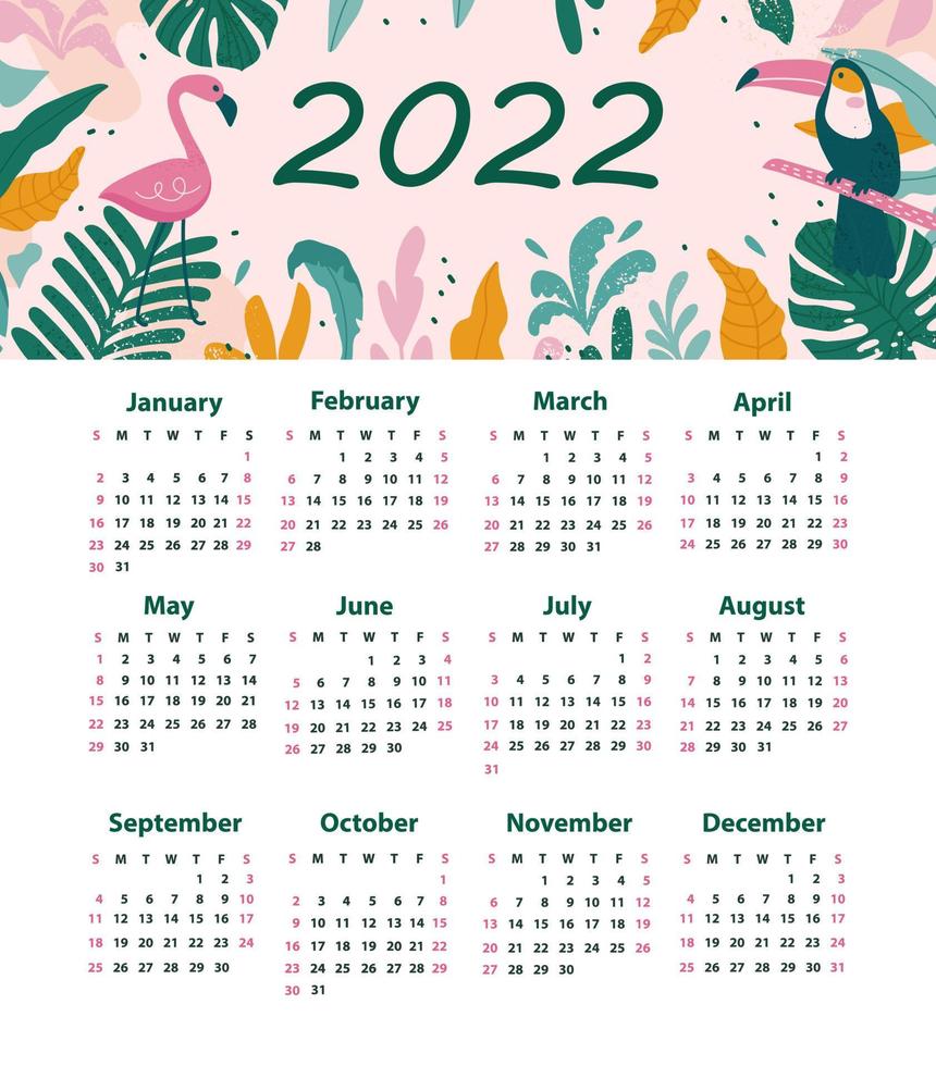 Kalender 2022 mit Tukanen, Flamingos, Kakteen, exotischen Blättern. Vektor