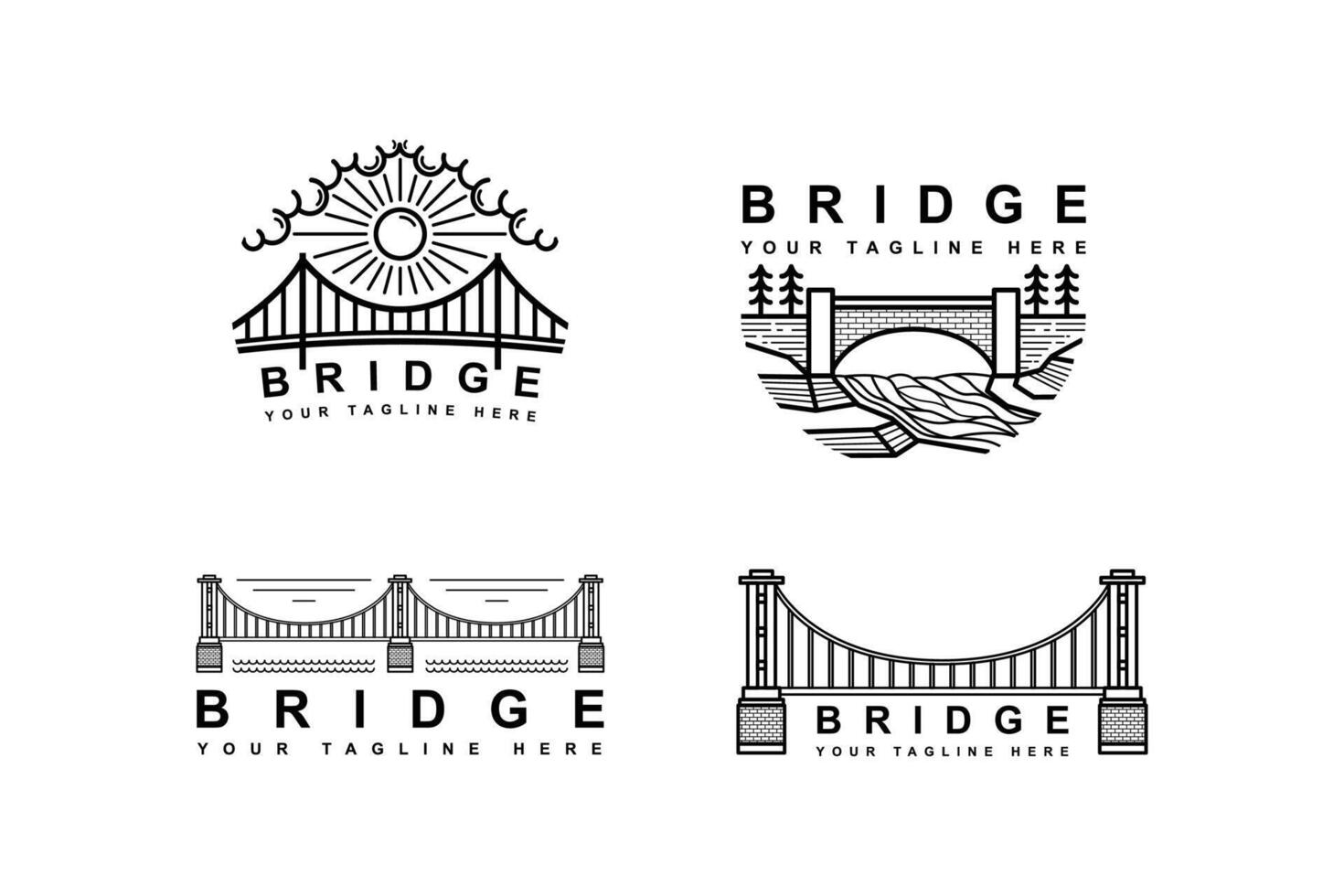 bro logotyp med Sol och bro. linje konst stil logotyp design i uppsättning vektor
