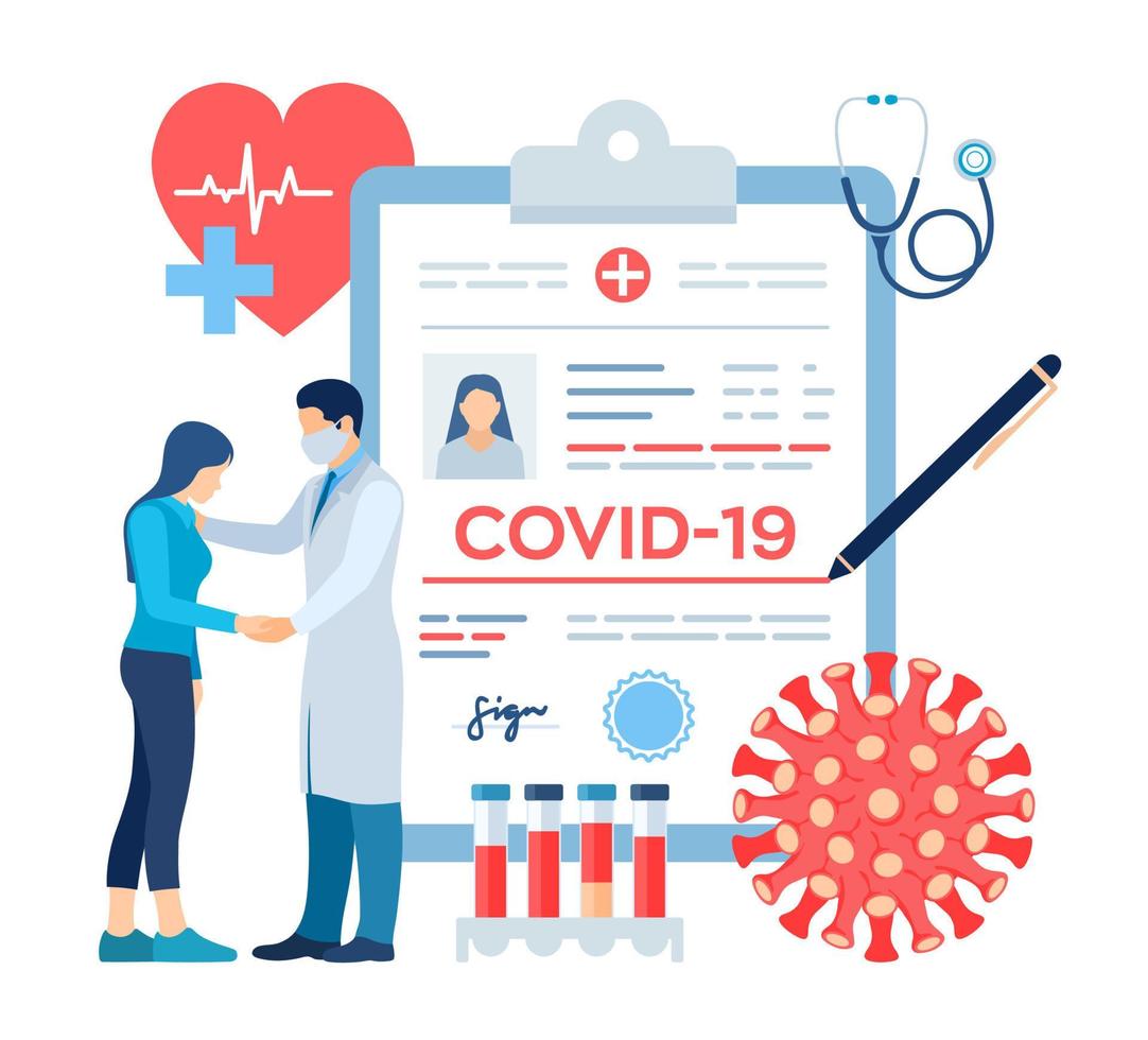 medicinsk diagnos - coronavirus 2019-ncov. medicinsk begreppet covid-19. läkare som tar hand om patienten. coronavirus symptom. lunginfektion. farlig corona-pandemi risk. vektor illustration.