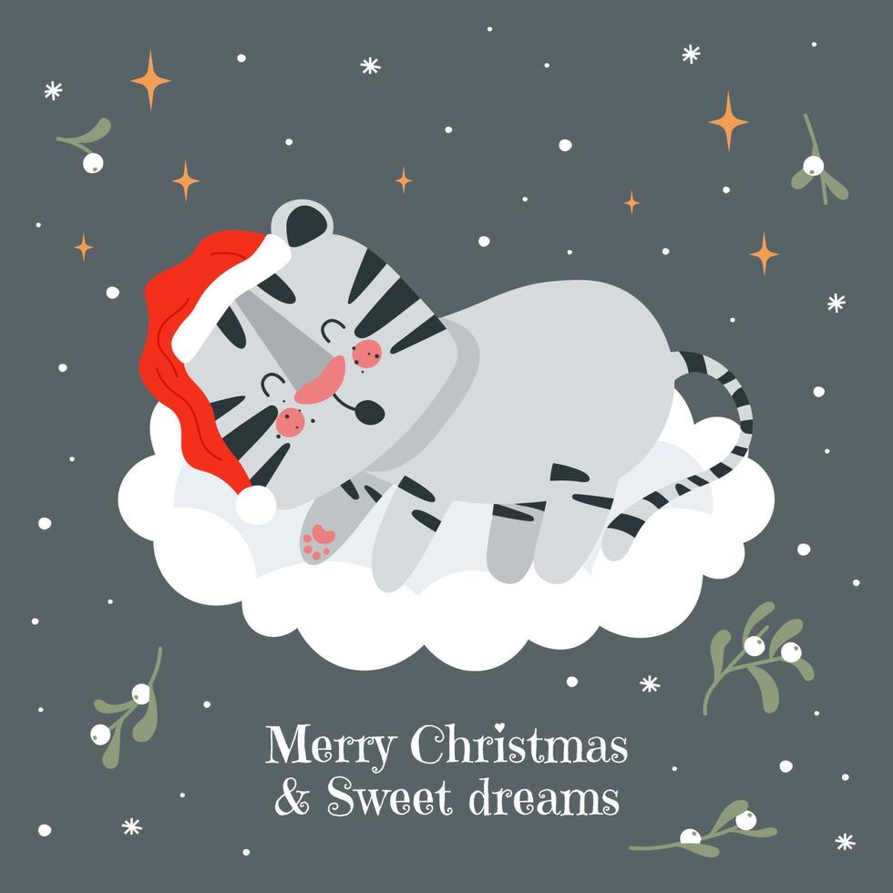 god jul gratulationskort med söt vit tiger, sova på molnet. symbol 2022 år. vektorillustration i handritad skandinavisk barnslig stil vektor