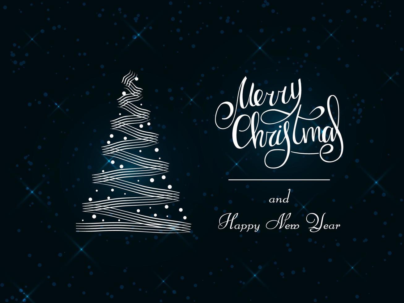 handgeschriebener weißer Schriftzug auf dunkelblauem Hintergrund. magischer weißer Weihnachtsbaum aus Pinselstrichen mit Schneeflocken. Frohe Weihnachten und einen guten Rutsch ins neue Jahr 2022. vektor