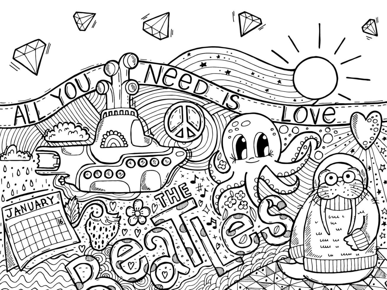 die Beatles-Songs. handgezeichnetes Zendoodle, Zen-Kunst. alles was du brauchst ist Liebe. Oktopuss Garten. gelbes U-Boot. the beatles day - 16. januar Erdbeerfelder für immer. lucy am himmel mit diamant. vektor