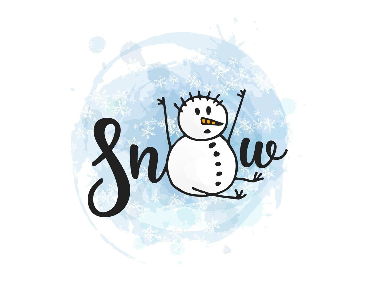 en sittande snögubbe fångar fallande snöflingor på en blå akvarellbakgrund. vinter vektor illustration. nytt år 2022. god jul. handritad doodle stil.