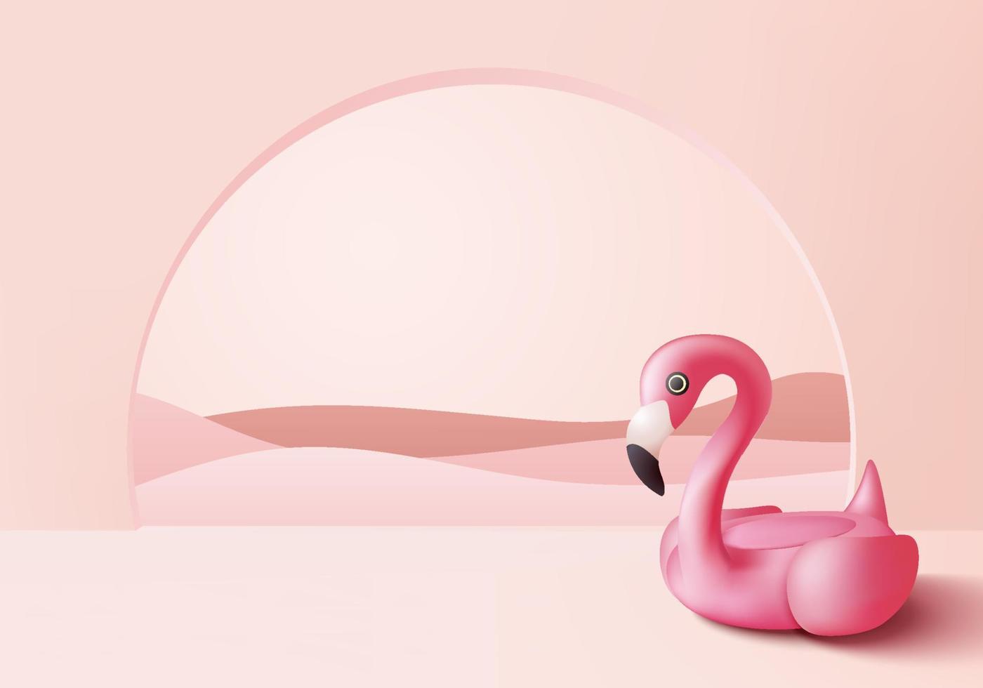 3d rosa flamingo-rendering för sommaren, tropisk fågelform uppblåsbar poolring, flyta. sommarlov semester gummi scen, reser. scen showcase på piedestal 3d rosa bakgrund vektor