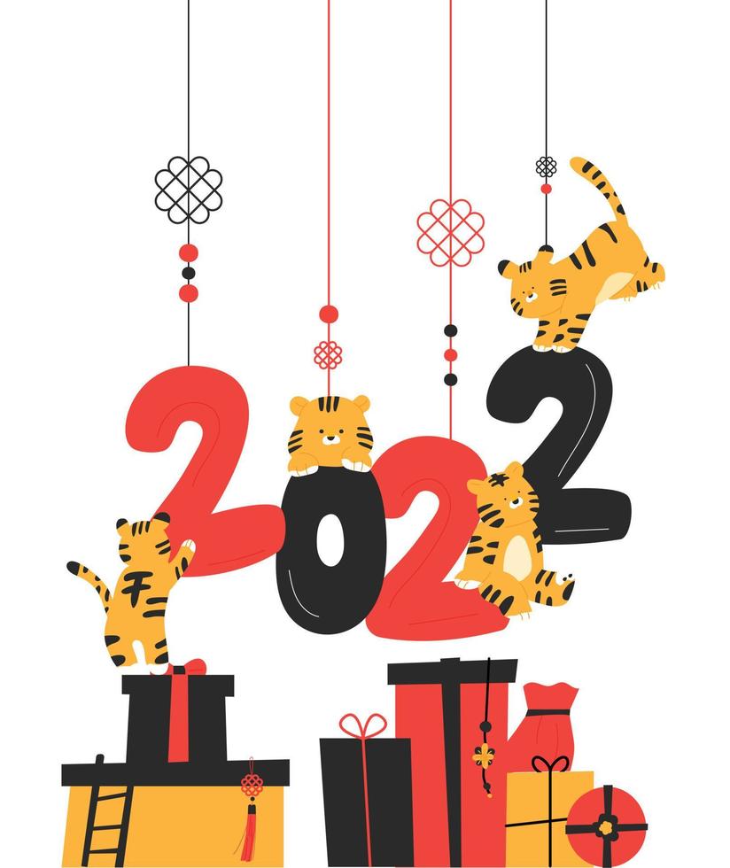Unter der Zahl 2022 sind Geschenkboxen gestapelt, und Tiger spielen der Zahl Streiche. vektor