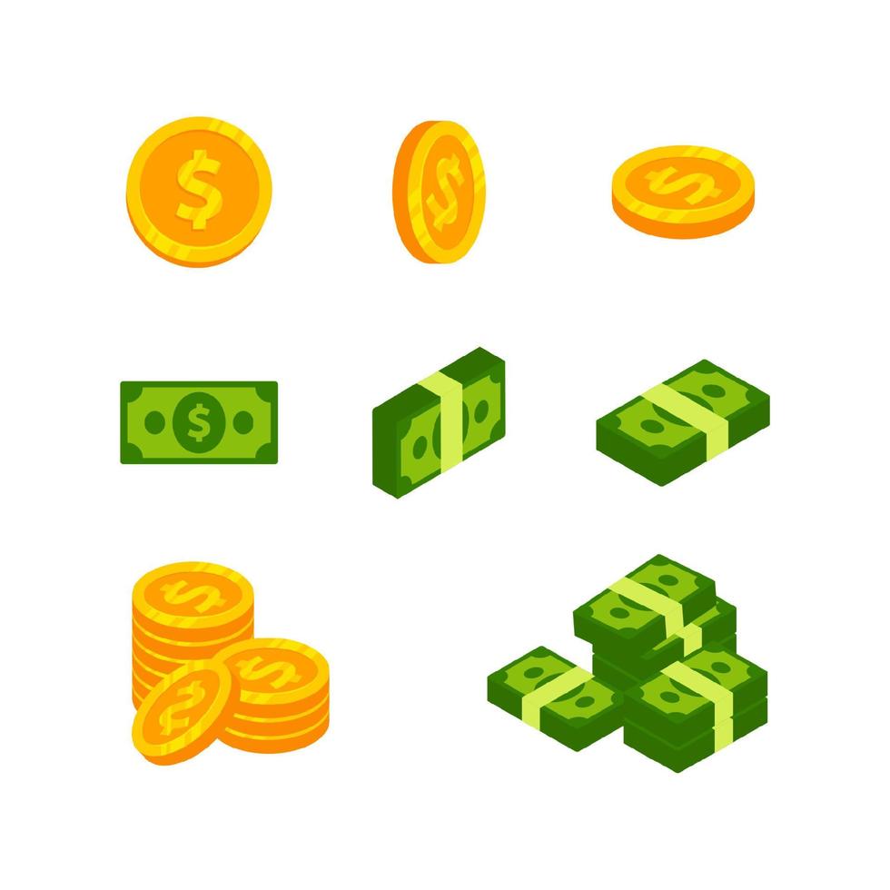 Geld Bargeld und Münzen Vektor Icon Design. Haufen Bargeld und einige Goldmünzen Design
