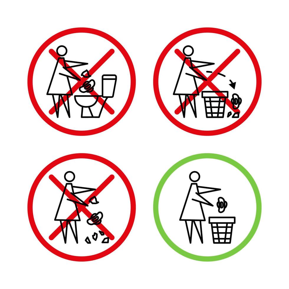 werfen Sie keinen Abfall in die Toilette. Toilette kein Müll. Frau wirft Damenbinden in die Toilette. Bitte verwenden Sie den Mülleimer für Papierhandtücher, Hygieneartikel. Verbotssymbole. verbotenes Plakat vektor