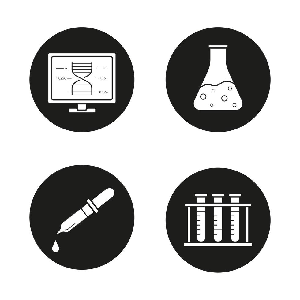 Wissenschaftslaborikonen eingestellt. DNA-Forschung, Becherglas mit Flüssigkeit, medizinische Pipette, Reagenzglasständer. Vektorgrafiken von weißen Silhouetten in schwarzen Kreisen vektor