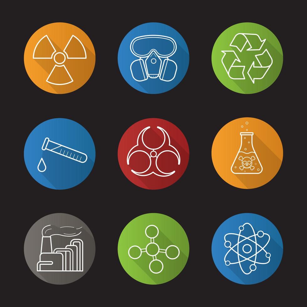 kemisk industri platt linjär lång skugga ikoner set. gasmask, återvinningssymbol, kemiskt provrör, farlig giftig vätska, fabriksföroreningar. biologiska faror och molekylsymboler. vektor linje illustration