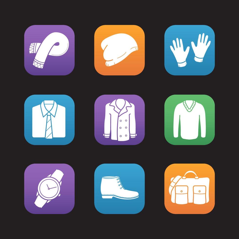mäns mode platt design ikoner set. kläder och accesoarer. halsduk, vintermössa, handskar, skjorta och slips, kappa, tröja, armbandsur, stövel, handväska. webbapplikationsgränssnitt. vektor illustrationer