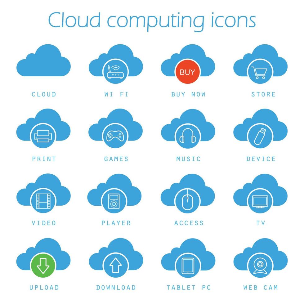 Cloud Computing blaue Symbole gesetzt. Silhouettensymbole für digitale Speicherung. Jetzt kaufen, herunterladen, hochladen, drucken, zugreifen, Spiele, Musik, Tablet-PC, Webcam, Video und TV. isolierte Vektorgrafik vektor