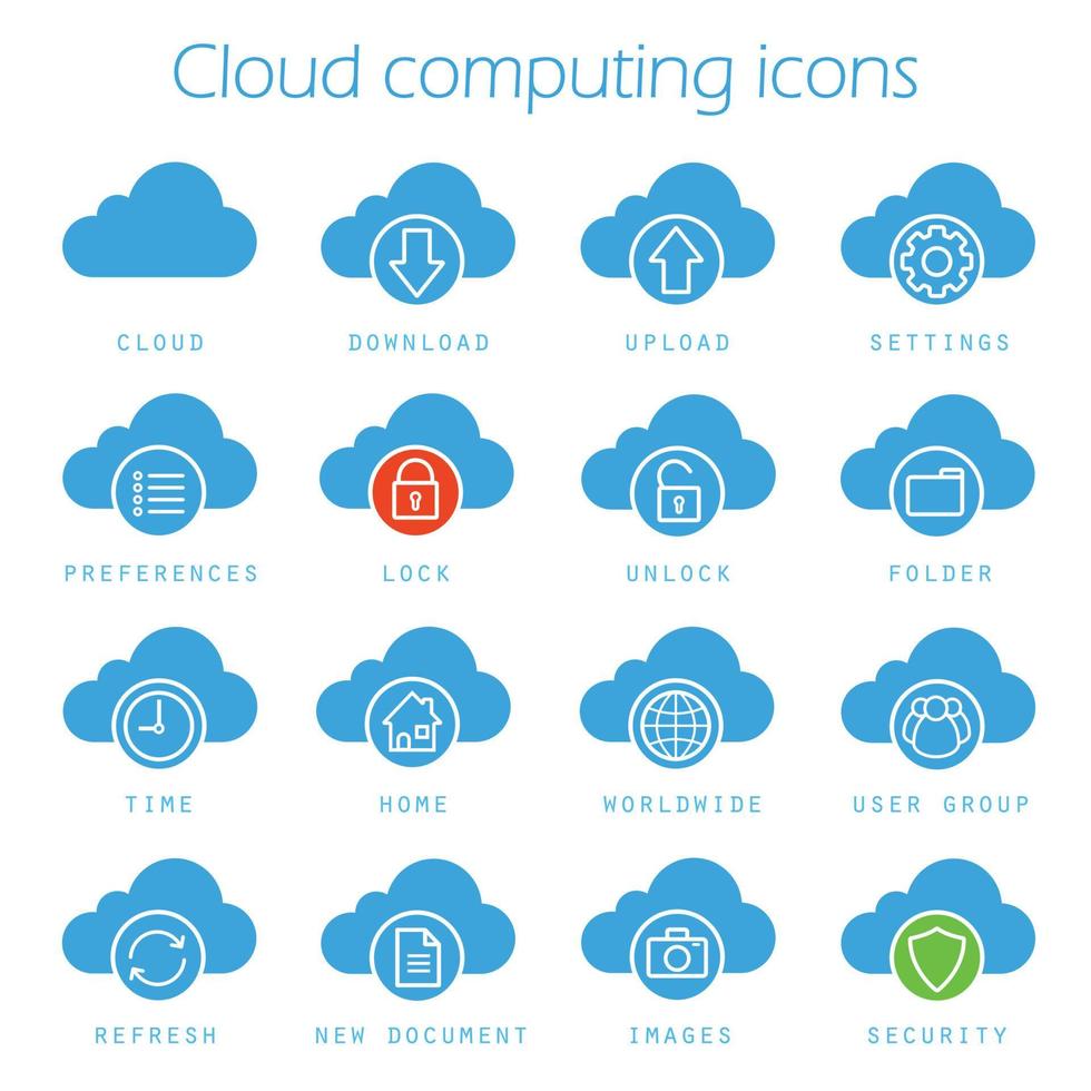 cloud computing ikoner set. online datalagring siluett symboler. ladda ner, ladda upp, inställningar, nytt dokument, inställningar, lås, lås upp och mapp. vektor isolerade illustration