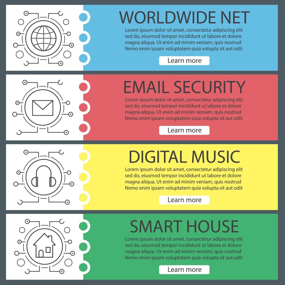 digital banner mallar set. lätt att redigera. cyberteknik. musik, e-post, världsomspännande nät, smarta hus. webbplatsmenyalternativ med linjära ikoner. färg webb banner. vektor headers designkoncept