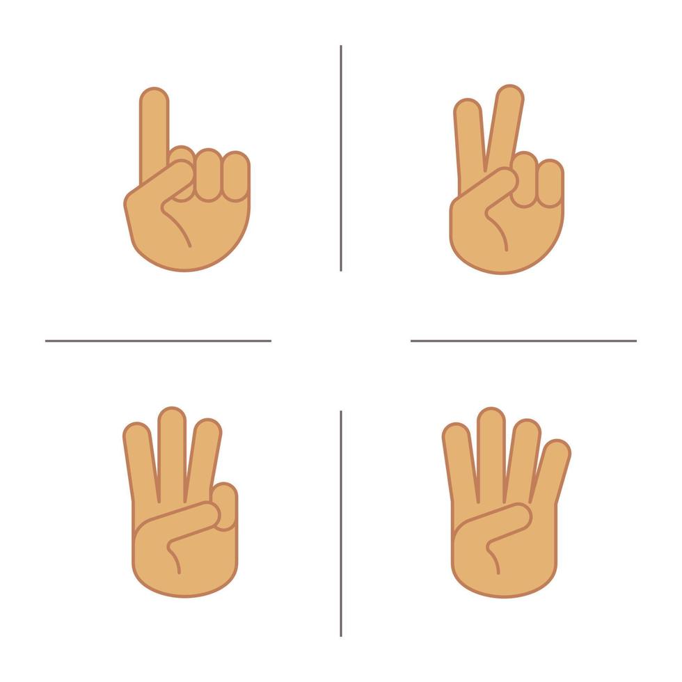 hand gester färg ikoner set. en, två, tre och fyra fingrar upp. isolerade vektorillustrationer vektor