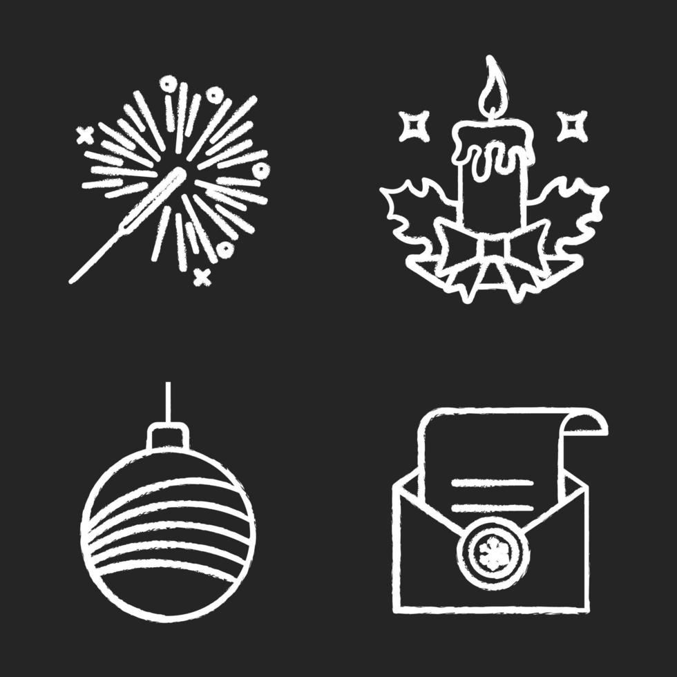 Neujahr und Weihnachten Kreide Icons Set. Wunderkerze, Weihnachtsbaumkugel, Kerze, Brief an den Weihnachtsmann. isolierte tafel Vektorgrafiken vektor