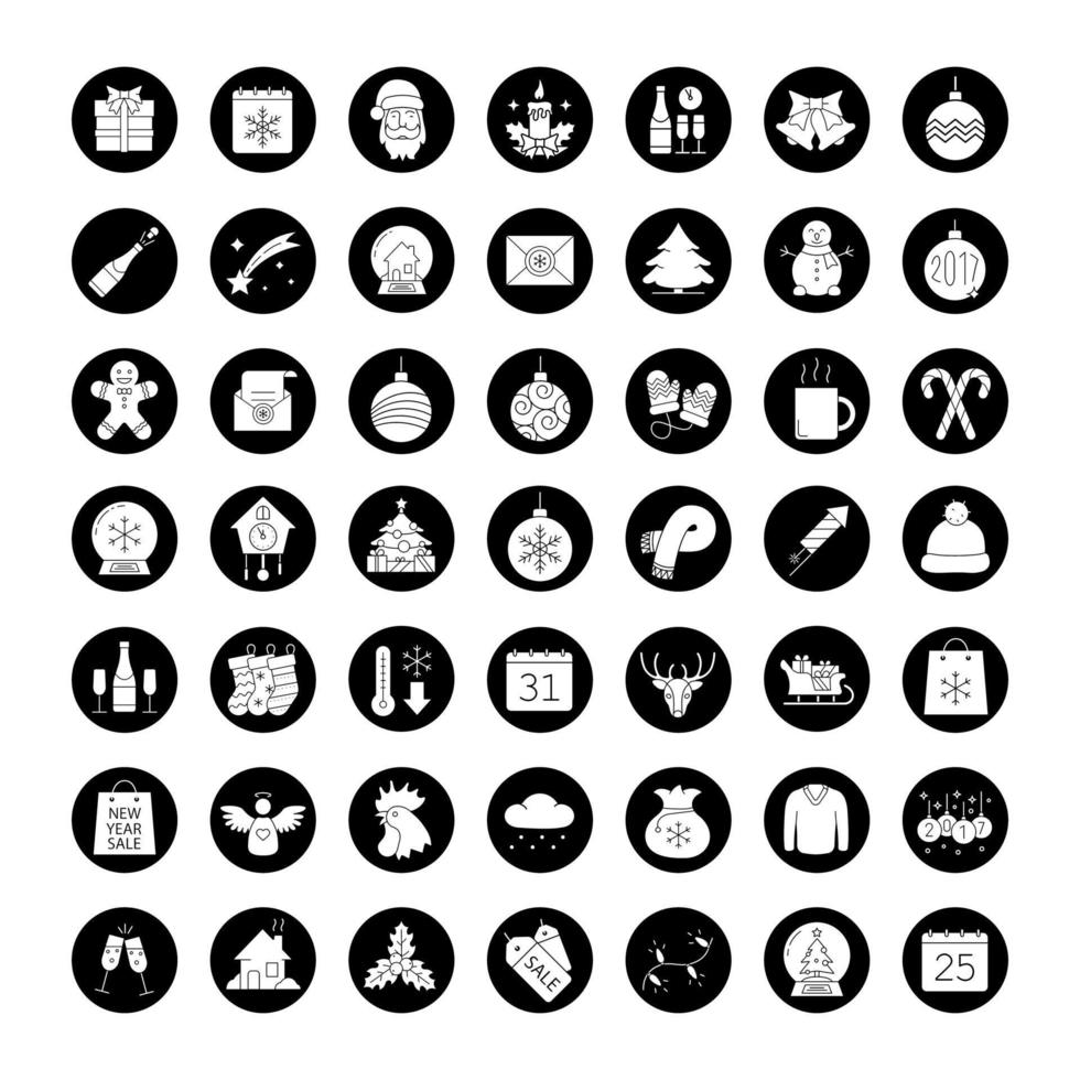 Weihnachten und Neujahr Icons Set. Weihnachtsengel, Handschuhe, Kugeln, Kerze, Schlitten mit Geschenken, Hirsch, Mütze, Feuerwerk, Pullover, Schal, Temperatur. Vektorgrafiken von weißen Silhouetten in schwarzen Kreisen vektor