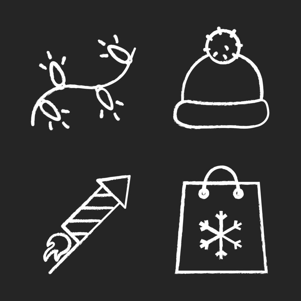 jul och nyår krita ikoner set. xmas tree girlander, raketfyrverkeri, vintermössa, shoppingväska med snöflinga. isolerade svarta tavlan vektorillustrationer vektor