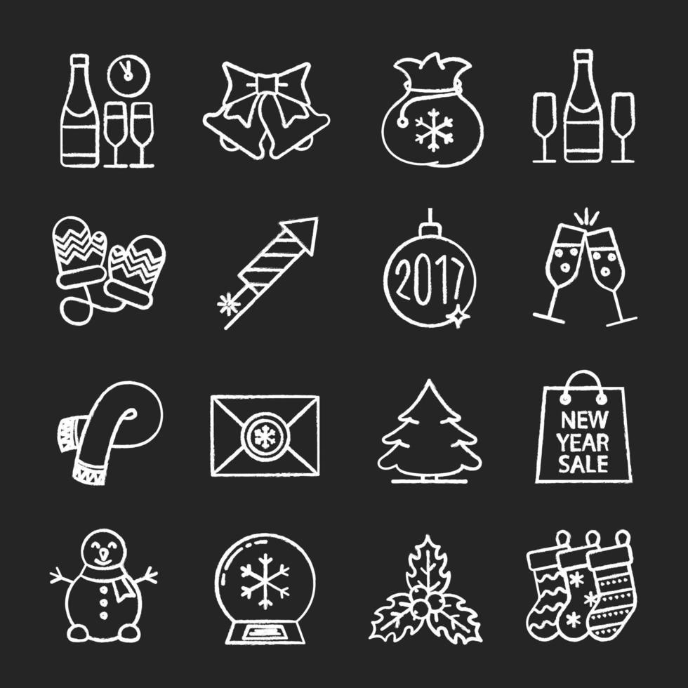jul och nyår krita ikoner set. champagne, jingle bells, snögubbe, julgranboll 2017, fyrverkeri, vantar, halsduk, brev till jultomten, gran. isolerade svarta tavlan vektorillustrationer vektor