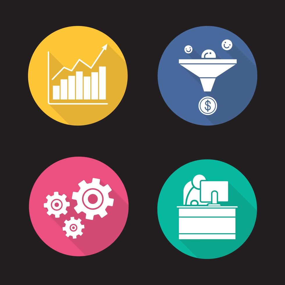 företag platt design lång skugga ikoner set. försäljningstratt, tillväxtdiagram, kugghjul och kontorsarbetare. vektor siluett illustration