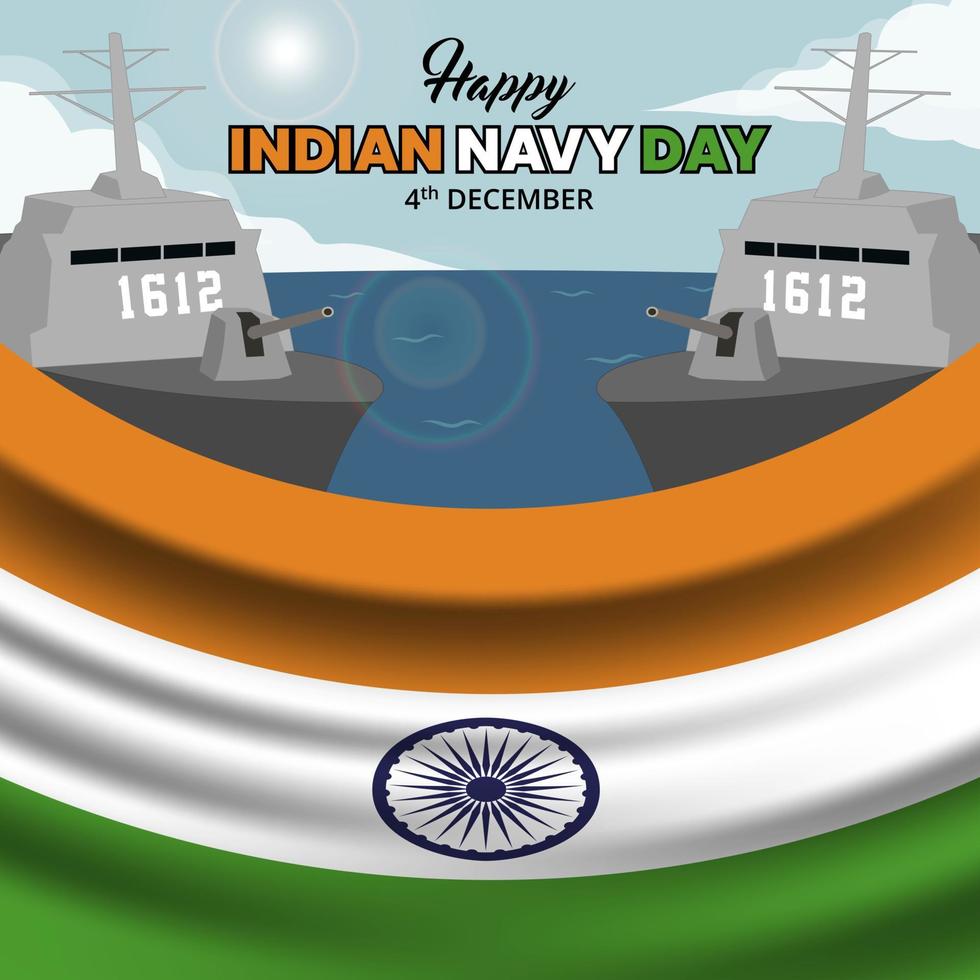 Happy Indian Navy Day Hintergrund mit zwei Marineschiffen auf dem Meer mit Flagge vektor