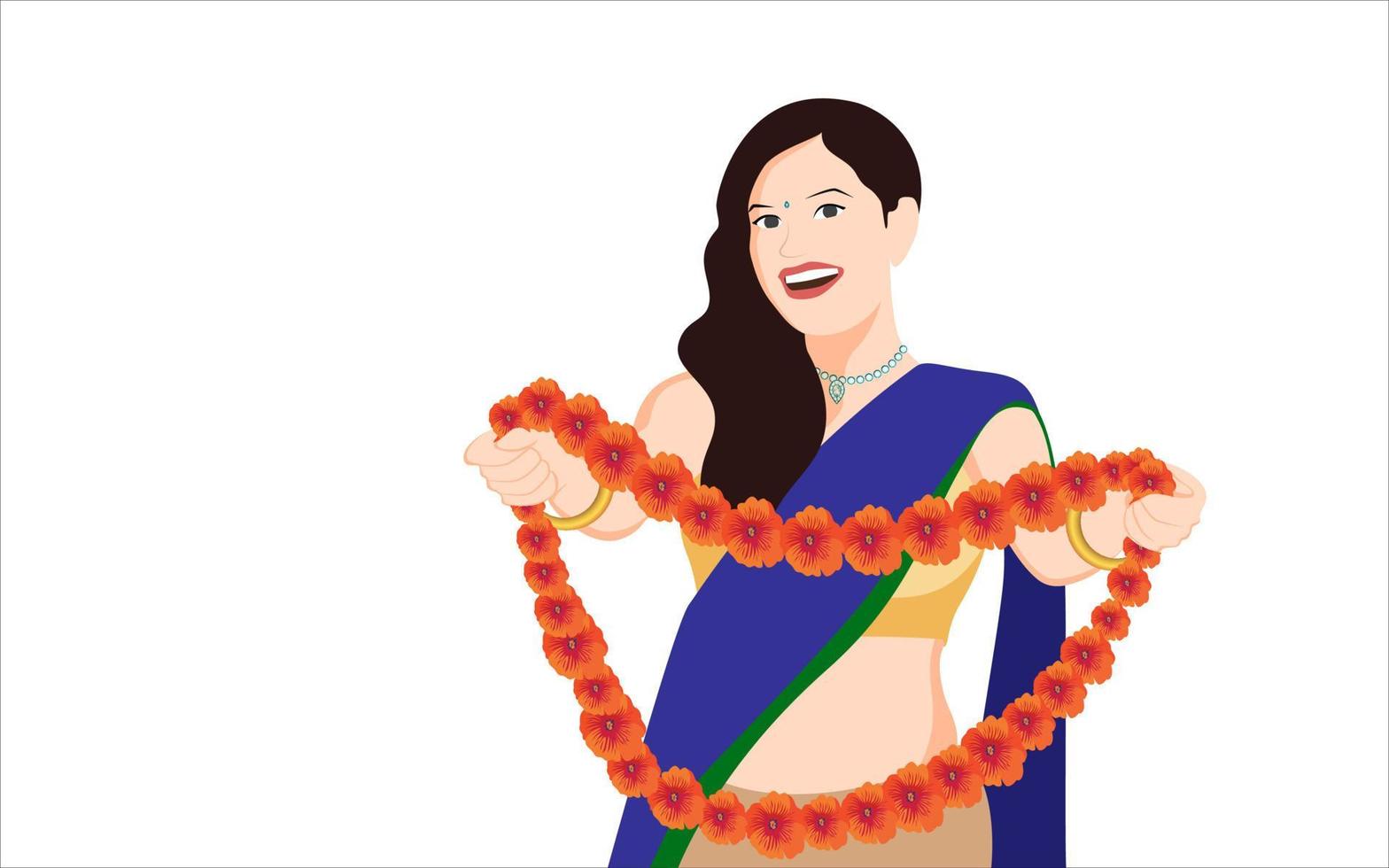 söt indisk flicka med blomma haar, swagat karaktär illustration på vit bakgrund. vektor