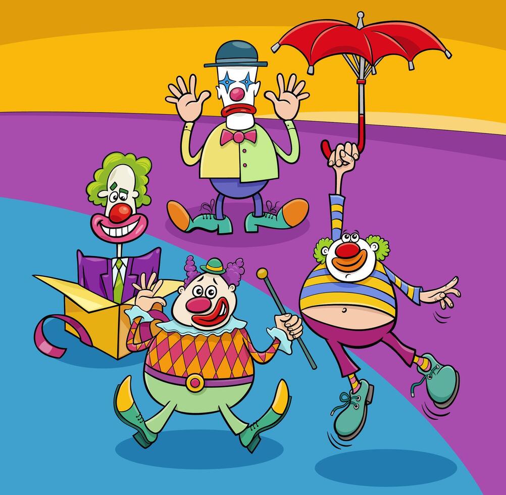 tecknad serie rolig clowner och komiker tecken grupp vektor