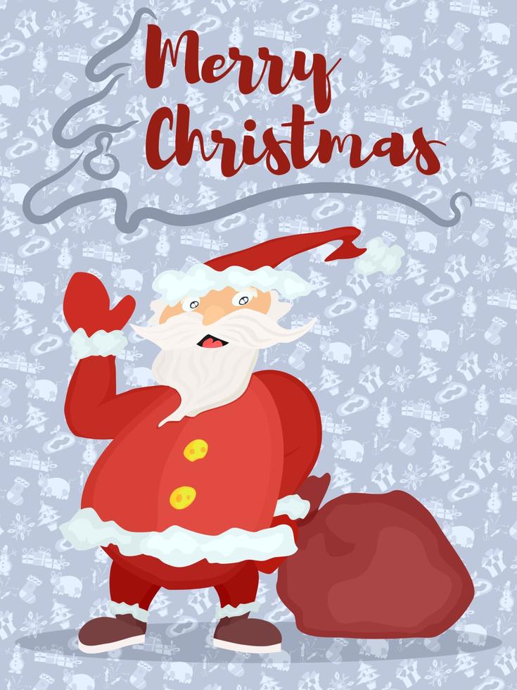 Poster mit lila Hintergrund Weihnachtsmann mit einer Tüte Geschenke vektor