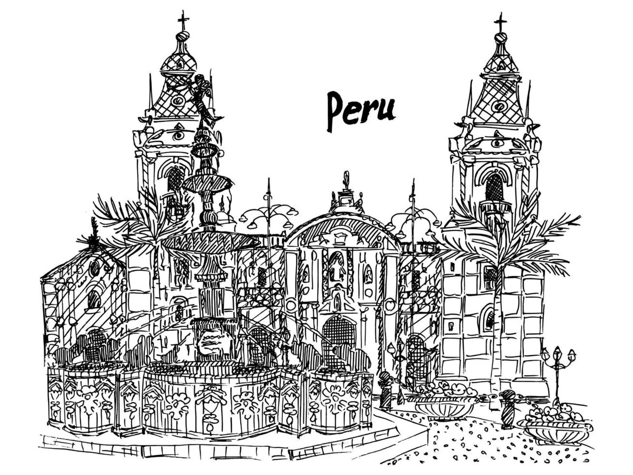 peru lima skizze schwarz-weißer palmenpalastbrunnen vektor