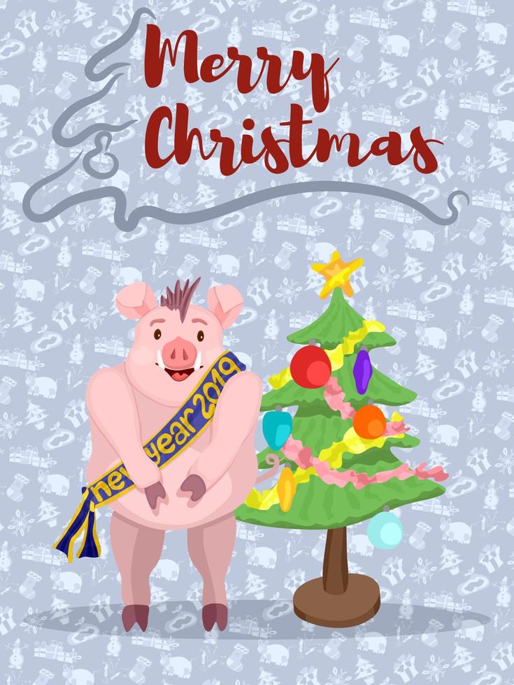 affisch med gris galt och julgran för jul ny vektor
