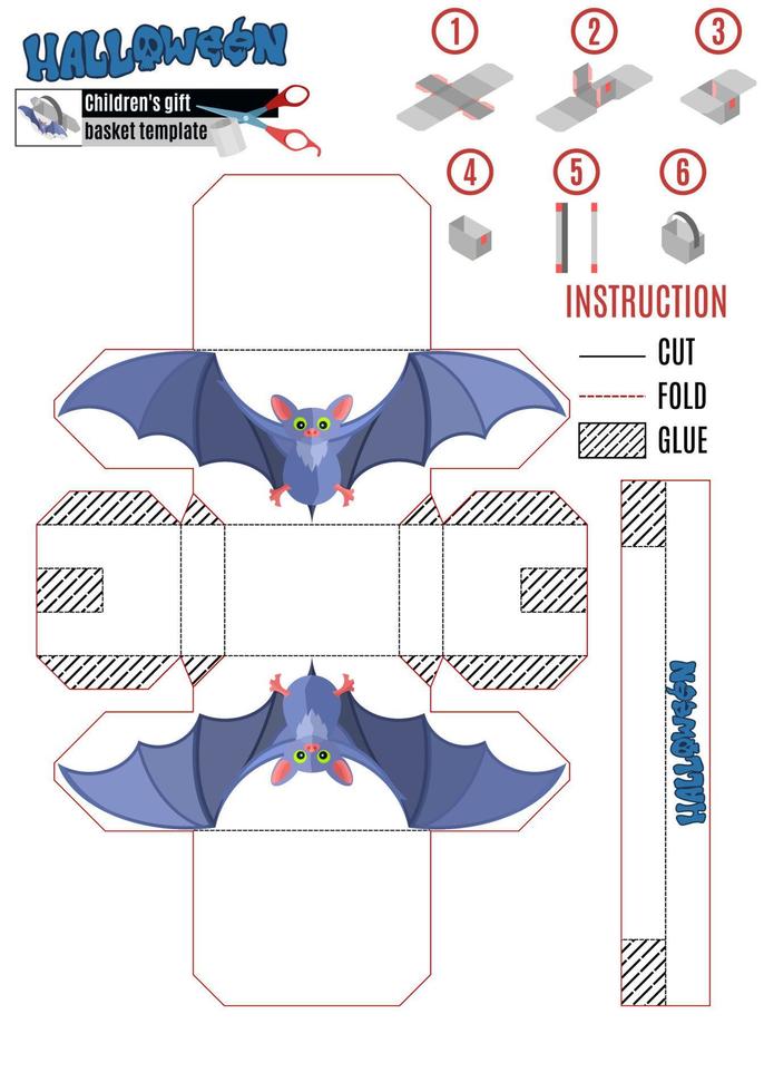 Faltschachtel zum Zusammenkleben mit einer blauen Fledermaus für halloween.stock vector image