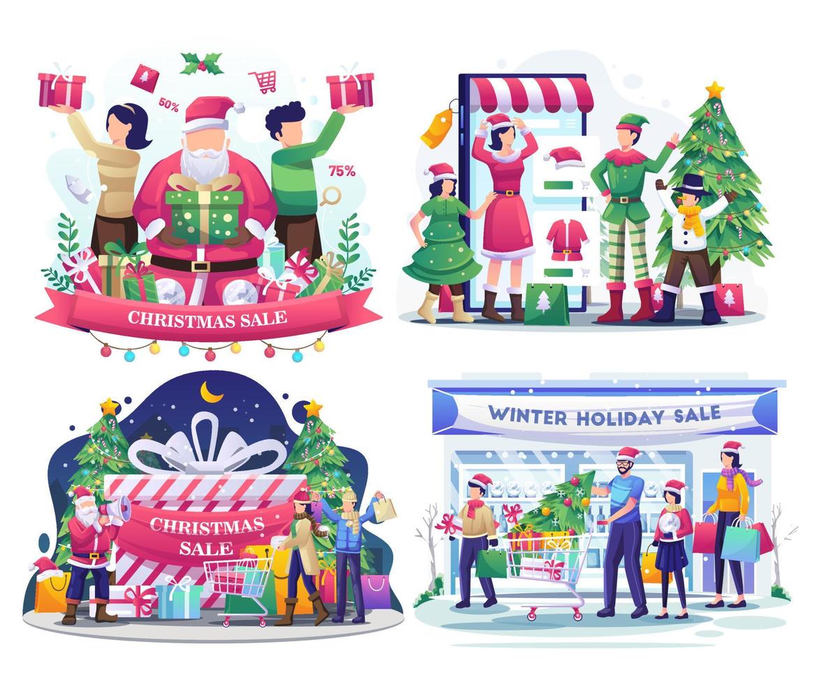 Satz Weihnachtsverkaufskonzeptillustration mit Weihnachtsmann und Familie feiert Feiertagsweihnachten und neues Jahr. Familie mit ihren Kindern im Supermarkt einkaufen. flache vektorillustration vektor
