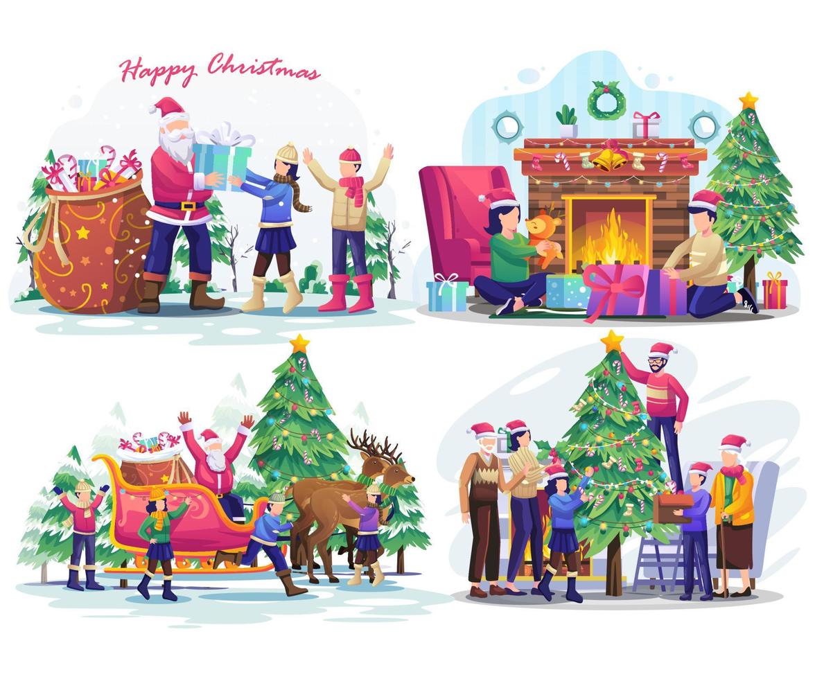 uppsättning jul koncept illustration med jultomten och familj med sina barn firar semester jul och nyår. platt vektorillustration vektor