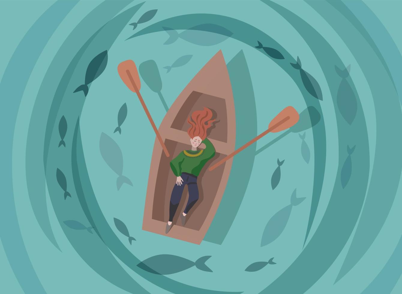 flicka liggande i en åra båt omgiven av fisk. platt vektorillustration vektor