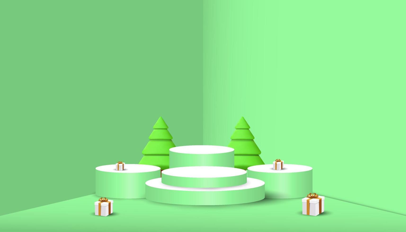 Frohe Weihnachten und guten Rutsch ins neue Jahr Hintergrund mit dem Podium, dem Weihnachtsbaum und den Geschenkboxen 3d. Weihnachtsszene für Werbung vektor