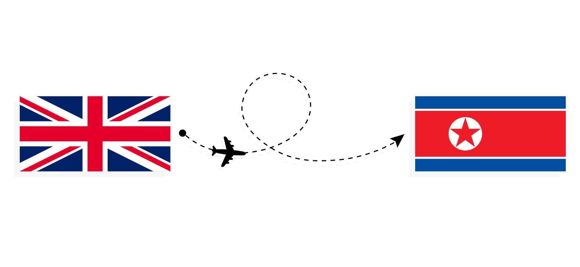 Flug und Reisen von Großbritannien nach Nordkorea mit dem Reisekonzept für Passagierflugzeuge vektor