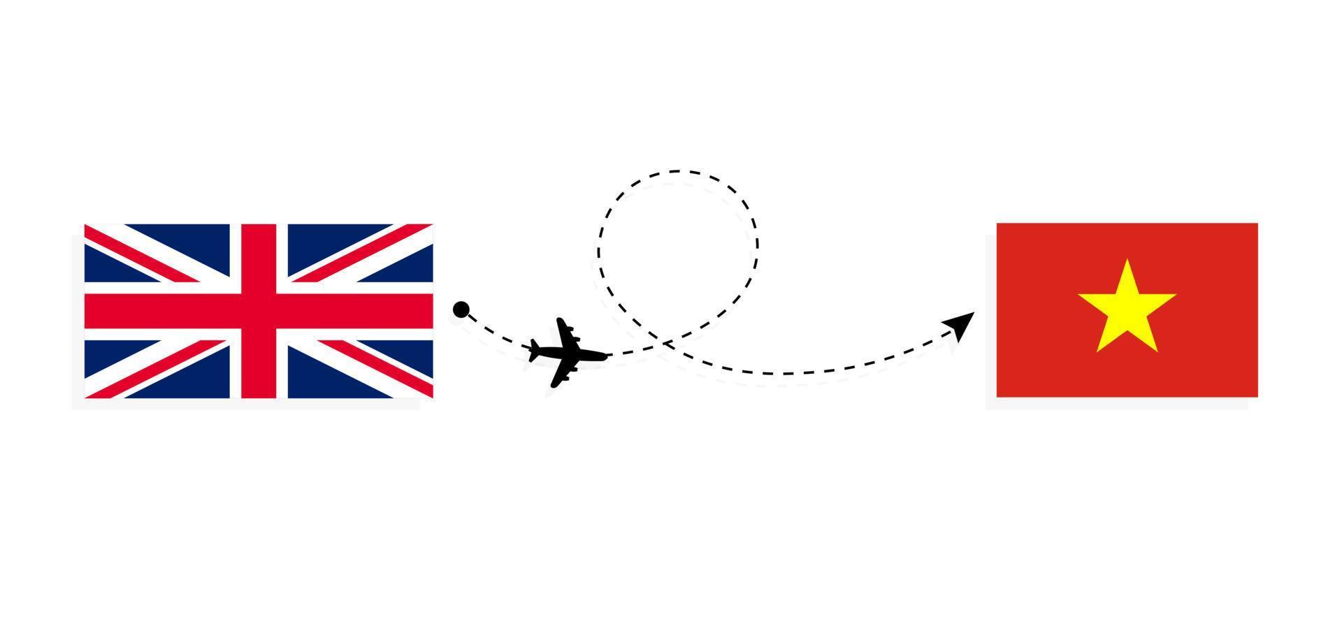Flug und Reise von Großbritannien nach Vietnam mit dem Reisekonzept für Passagierflugzeuge vektor