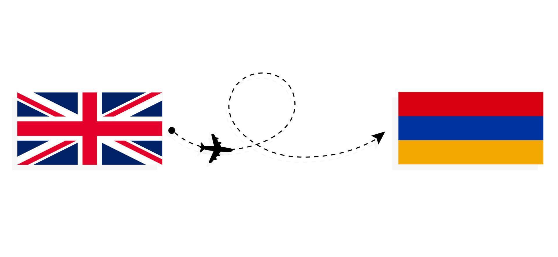 Flug und Reise vom Vereinigten Königreich Großbritannien nach Armenien mit dem Reisekonzept für Passagierflugzeuge vektor