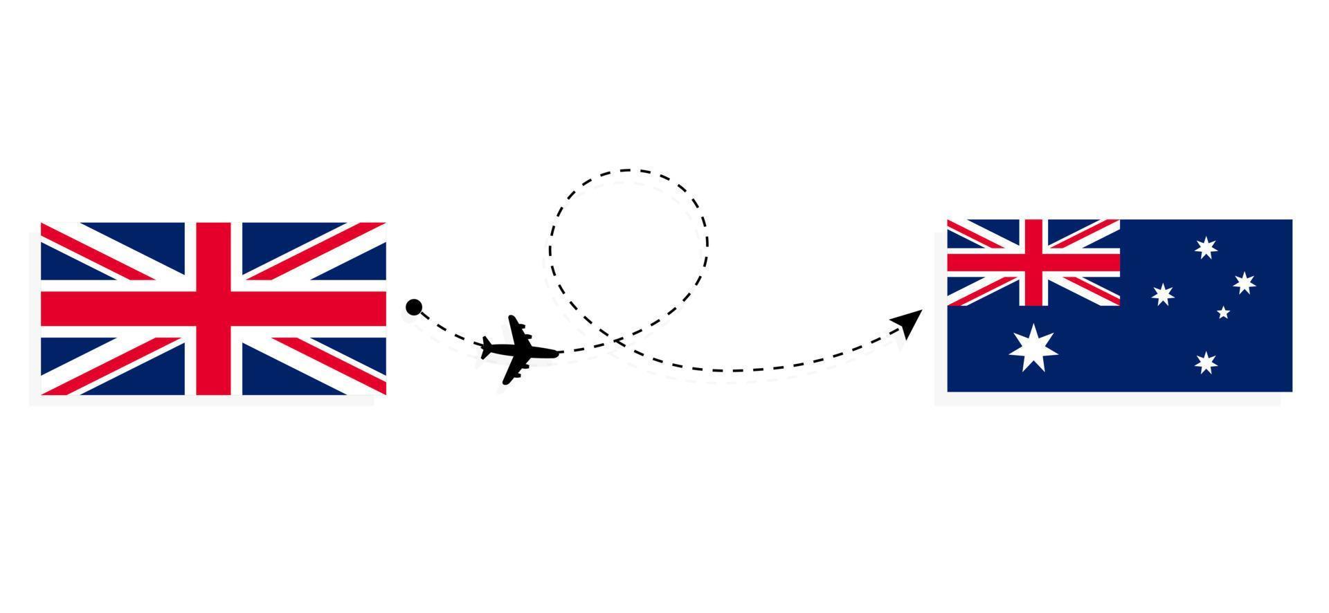 Flug und Reisen von Großbritannien nach Australien mit dem Reisekonzept für Passagierflugzeuge vektor