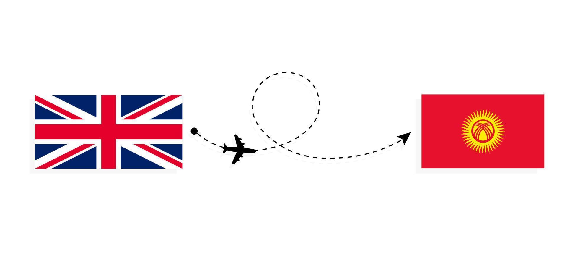 Flug und Reise vom Vereinigten Königreich Großbritannien nach Kirgisistan mit dem Reisekonzept für Passagierflugzeuge vektor