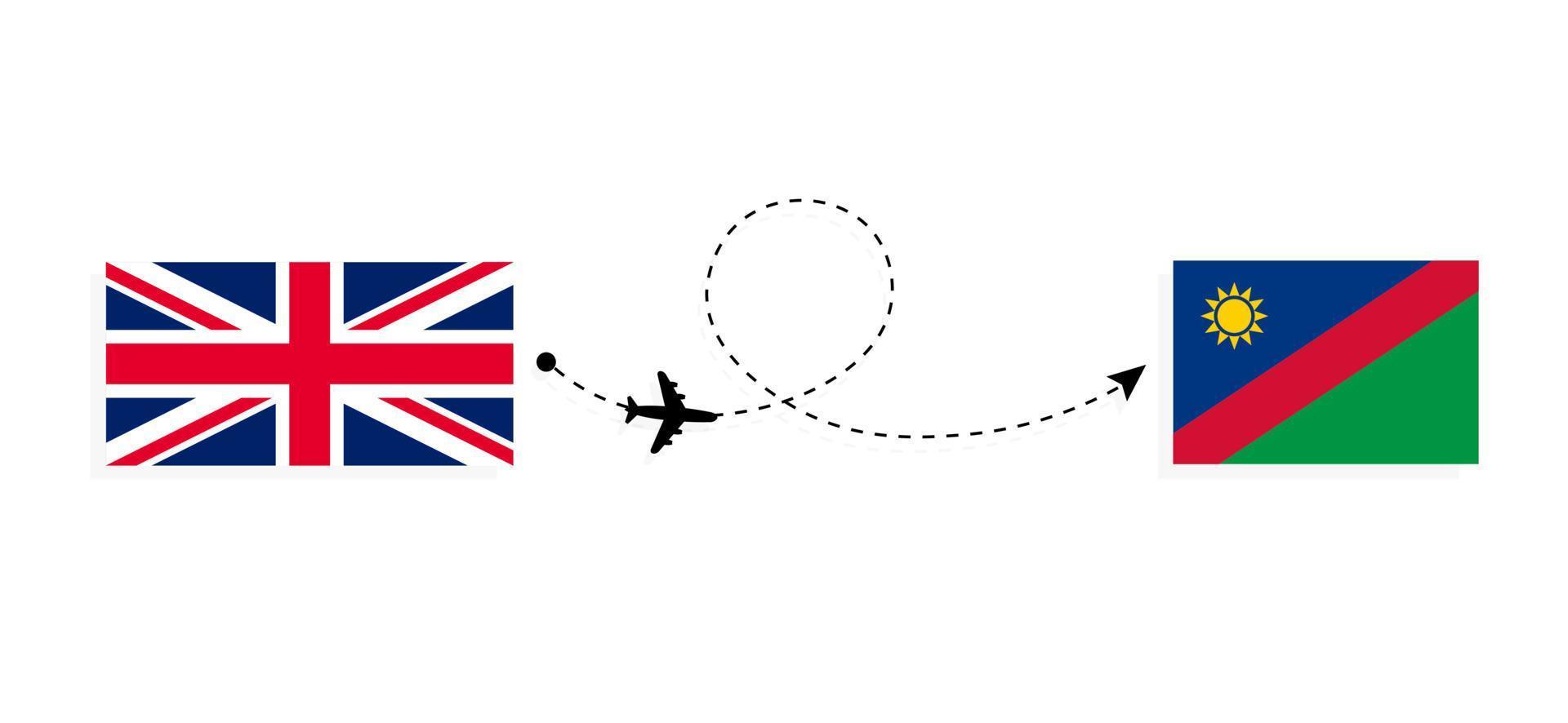 Flug und Reisen von Großbritannien nach Namibia mit dem Reisekonzept für Passagierflugzeuge vektor