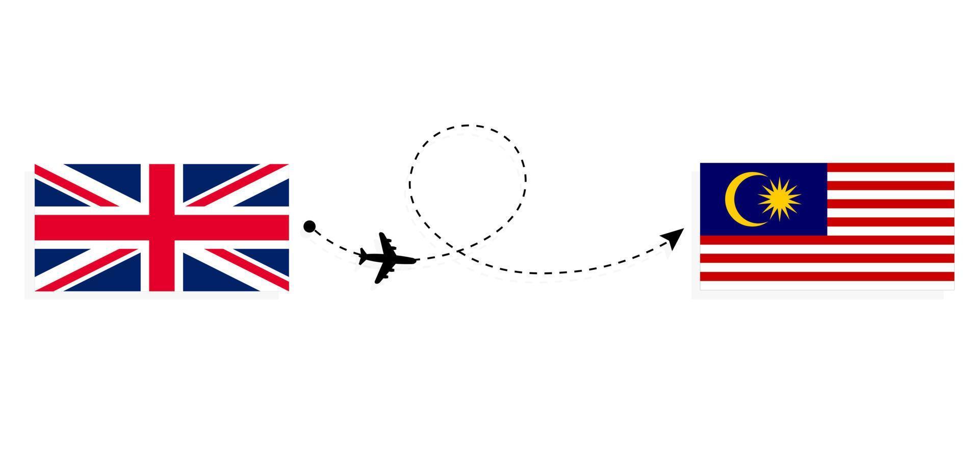 Flug und Reisen von Großbritannien nach Malaysia mit dem Reisekonzept für Passagierflugzeuge vektor