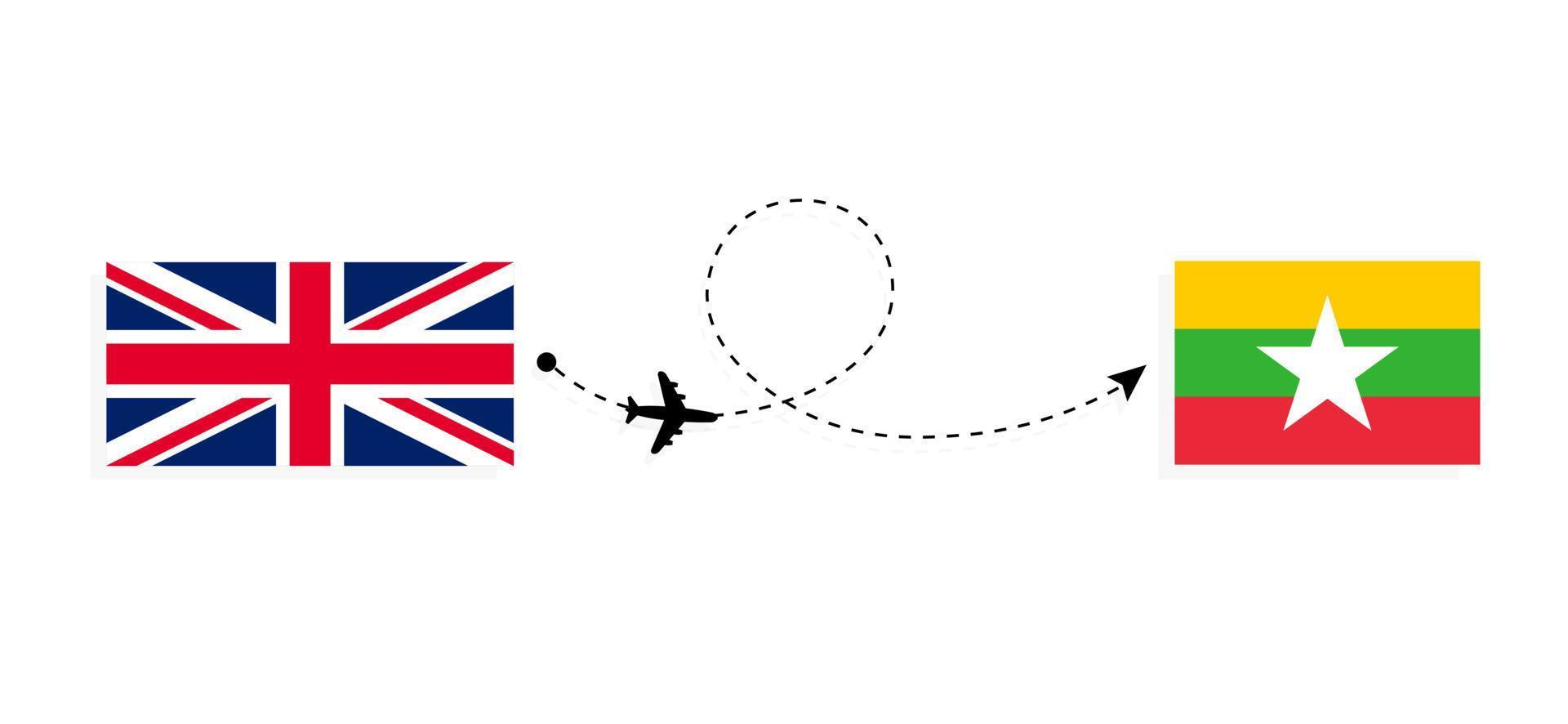 flyg och resor från Storbritannien till Myanmar med passagerarflygplan vektor