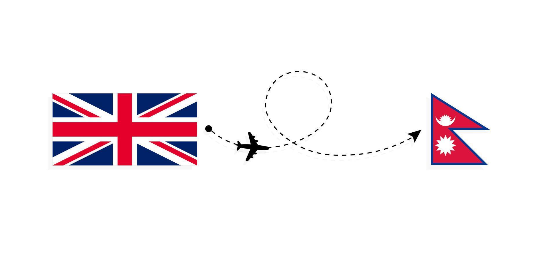 Flug und Reise von Großbritannien nach Nepal mit dem Reisekonzept für Passagierflugzeuge vektor